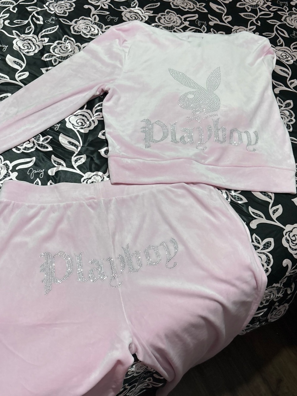 PLAYBOY Light Pink Velour Rhinestone Logo Lounge Set